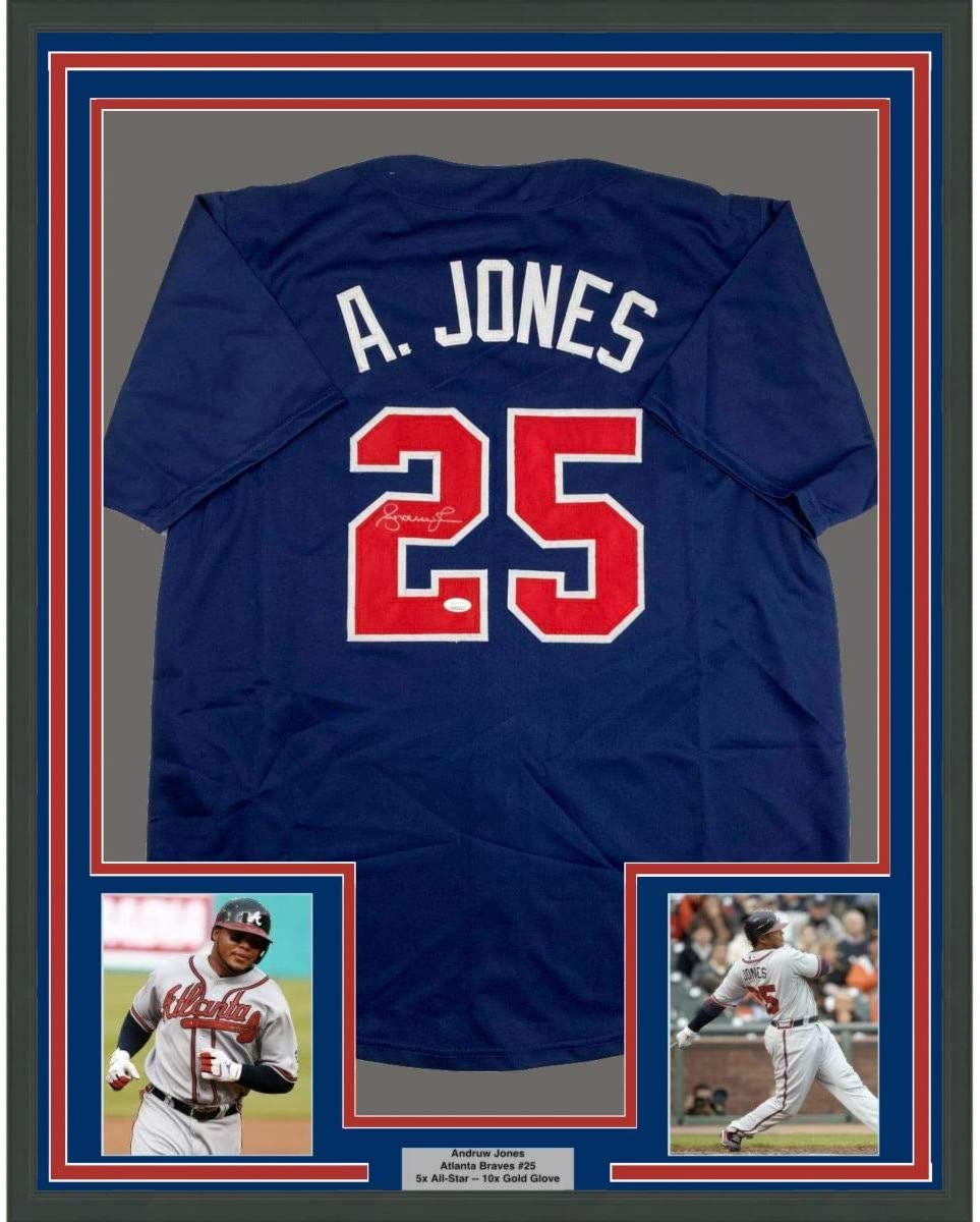 Camiseta de béisbol azul Atlanta de 35 x 39 de Andruw Jones, enmarcada y autografiada, JSA COA
