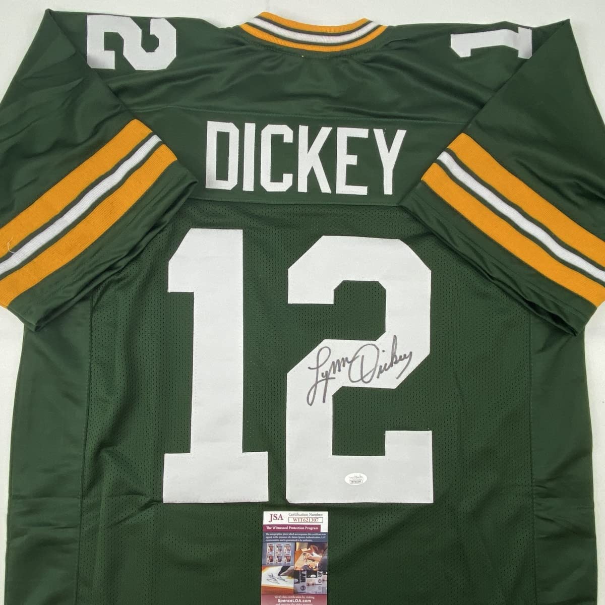 Camiseta de fútbol verde de Green Bay autografiada/firmada por Lynn Dickey JSA COA