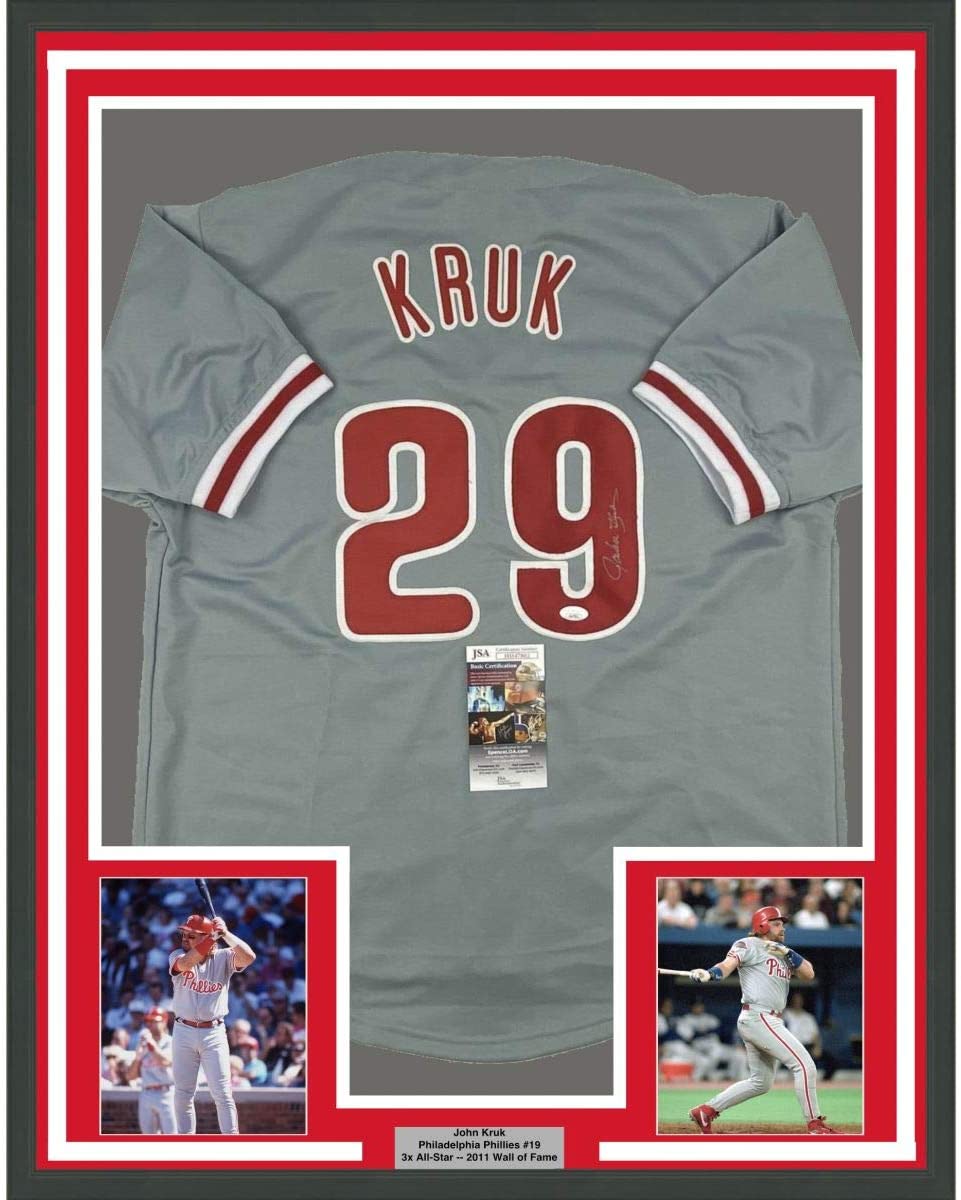 Camiseta de béisbol enmarcada, autografiada y firmada por John Kruk, 35 x 39, color gris Filadelfia, JSA COA