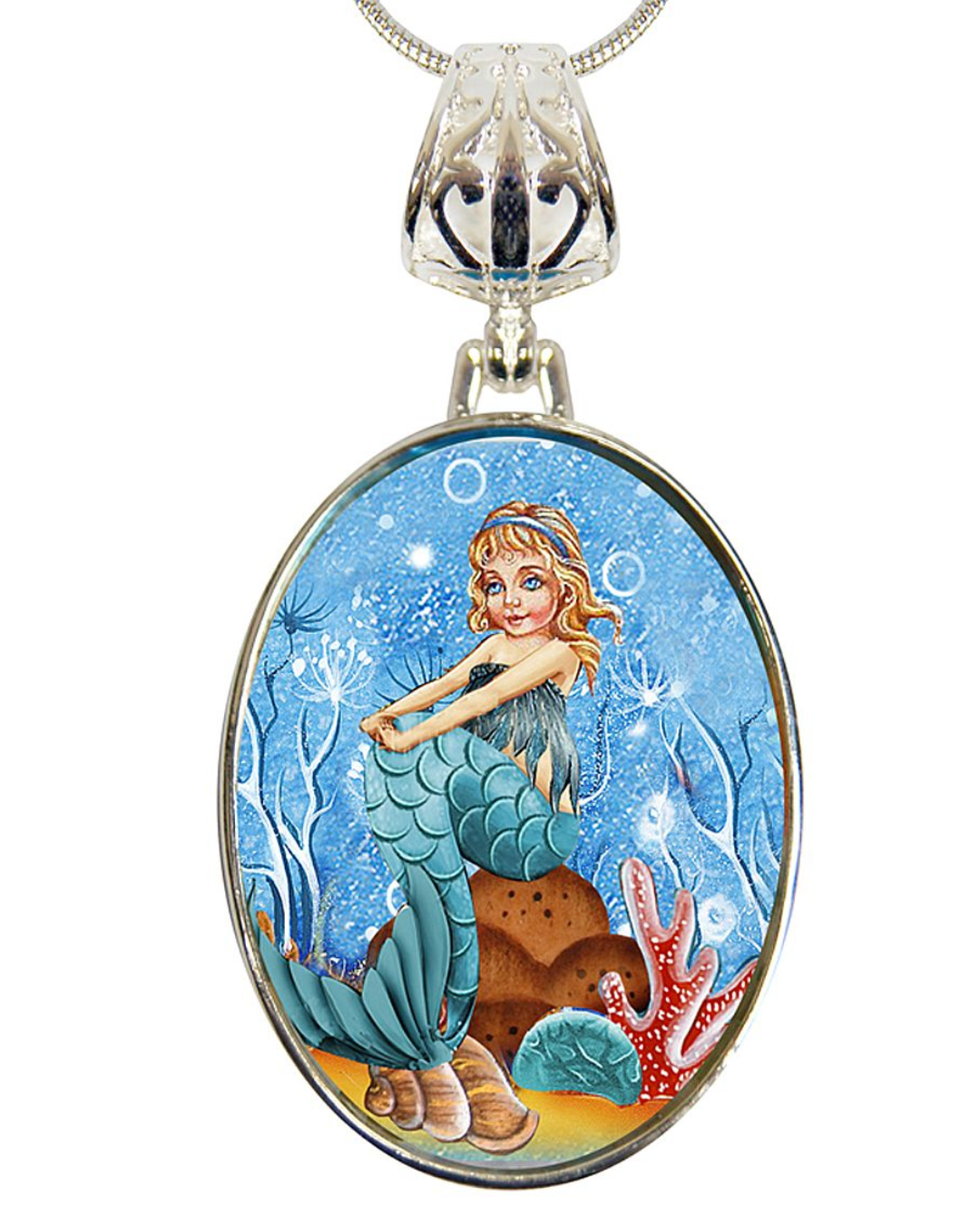 Mermaid Silver Plated Mother of Pearl Jewelry Pendant Necklace - 44042