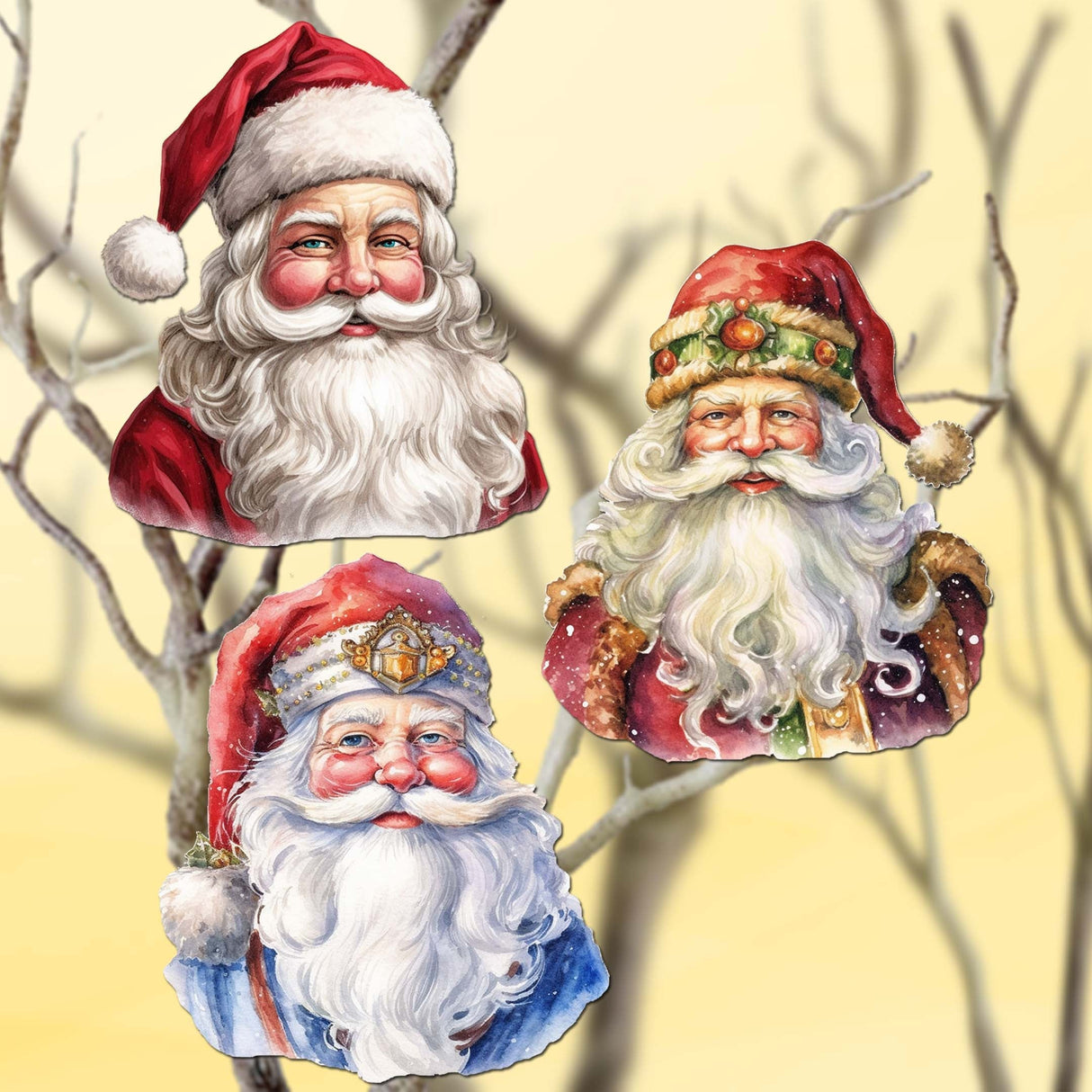 Jolly Santa Faces Decorative Wooden Clip-on Ornaments Set of 3 by G. Debrekht - Christmas Decor - 8091045C-S3