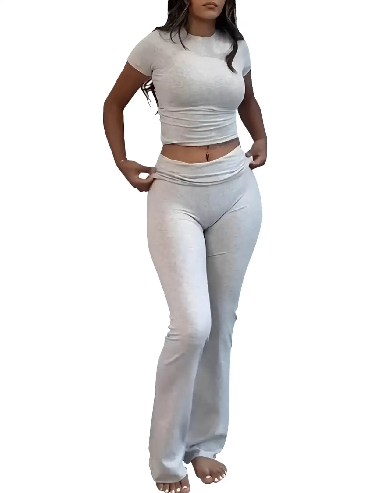 Casual Solid Color Slim Fit Two-piece Pants Set, Short Sleeved Round Neck T-shirt And Tight Flared Pants Sports Pants Clothing, Women's Clothing - Lootquake