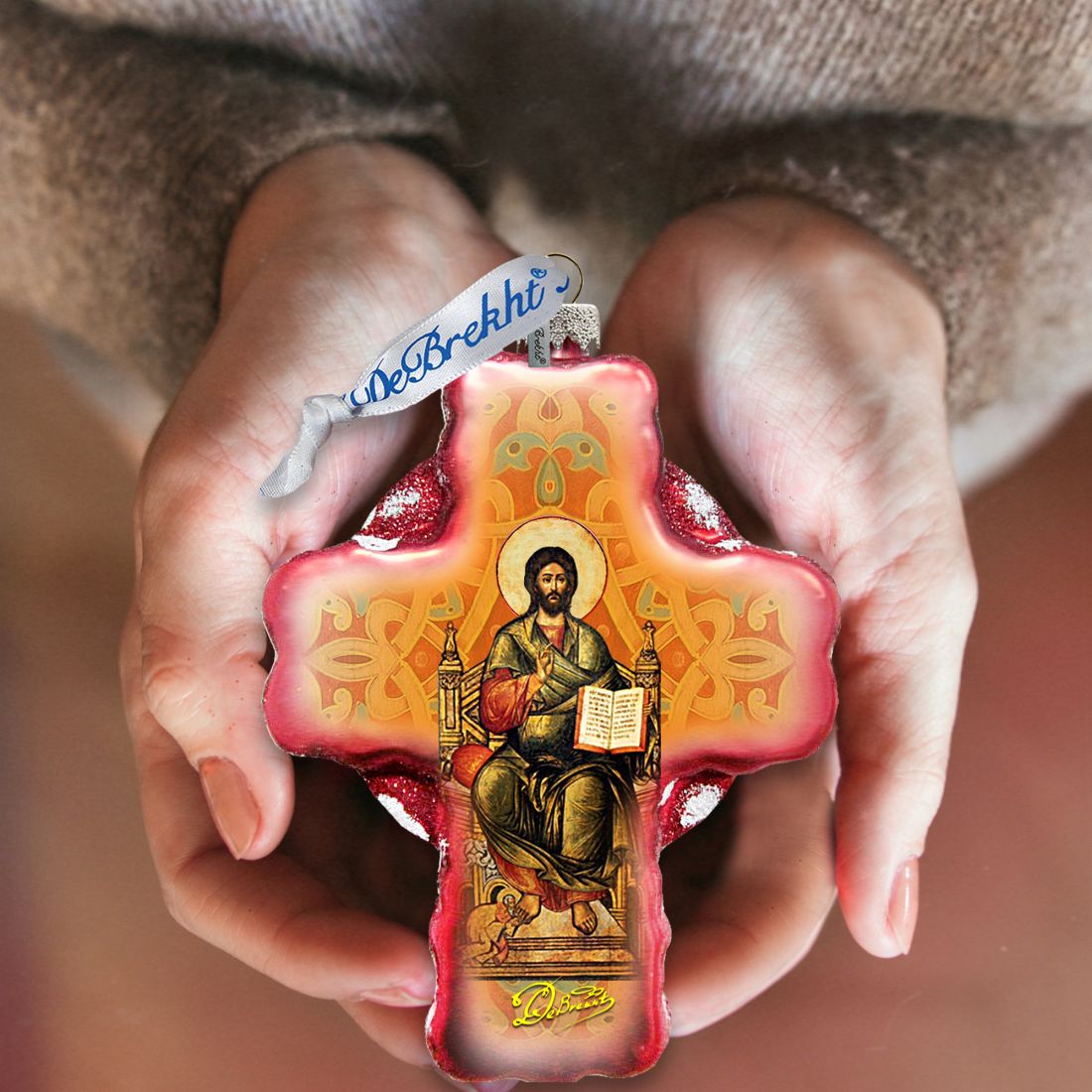 Jesus Cross Glass Ornament by G. DeBrekht - Nativity Holiday Decor - 758-005