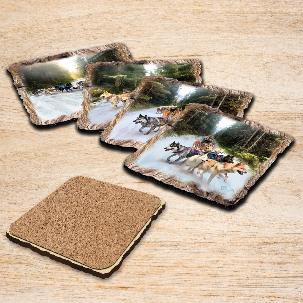 Husky Ride Wooden Cork Coasters Gift Set of 4 by Nature Wonders Nature Wildlife Decor - 95401C-S4