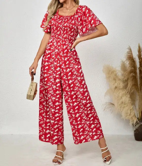 Ladies' Printed Square Neck Fashionable Loose Vacation Style Jumpsuit - Lootquake
