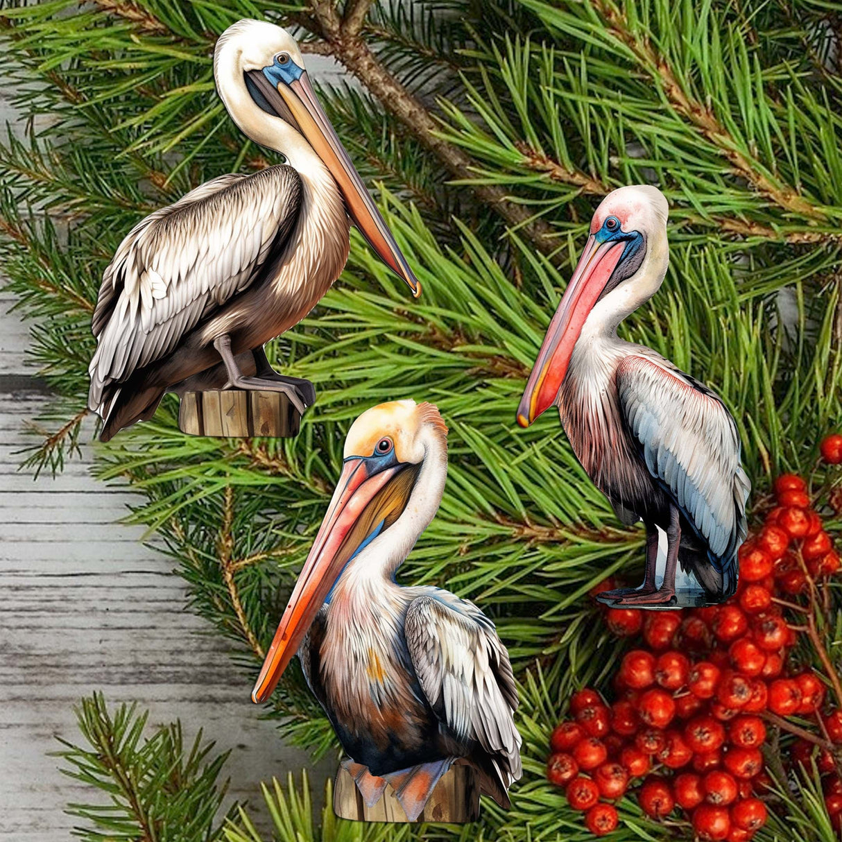 Pelicans Decorative Wooden Clip-on Ornaments Set of 3 by G. Debrekht - Christmas Decor - 8091014C-S3