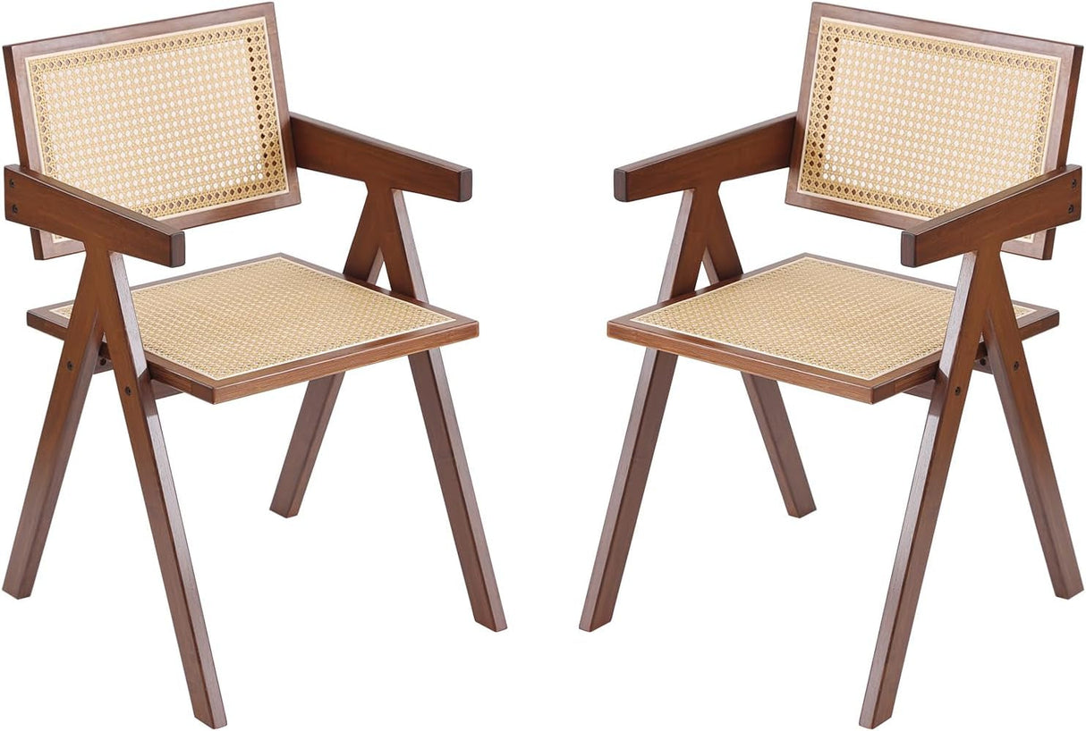 Rattan Dining Chairs Set of 2, Mid Century Modern Armchairs, Wooden Kitchen Chairs for Dining Room, Living Room, Walnut-0