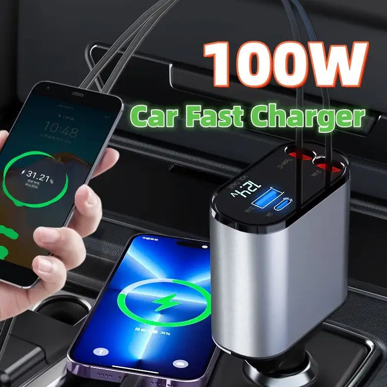 Metal Car Charger 100W Super Fast Charging Car Cigarette Lighter USB And TYPE-C Adapter - Lootquake