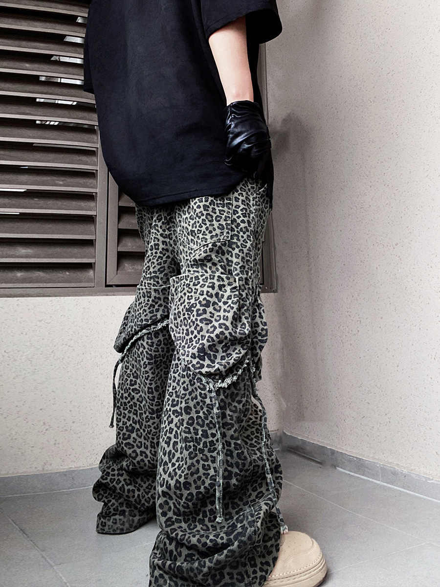 Loose Straight Slightly Flared Workwear Casual Wide-leg Mopping Leopard Jeans - Lootquake