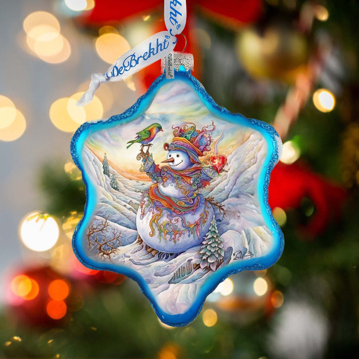 Festive Frosty Friend Snowflake Glass Ornament by G. Debrekht - Christmas Santa Snowman Decor - 754-045