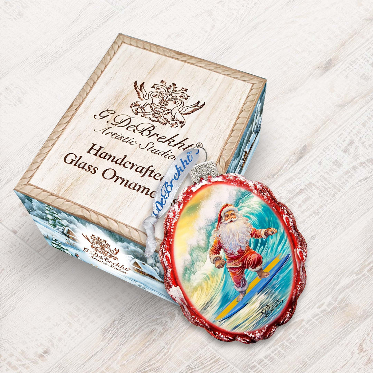 Coastal Christmas Ornaments Santa on the Surfboard Keepsake Glass Ornaments by G. Debrekht - Coastal Holiday Decor - 777392