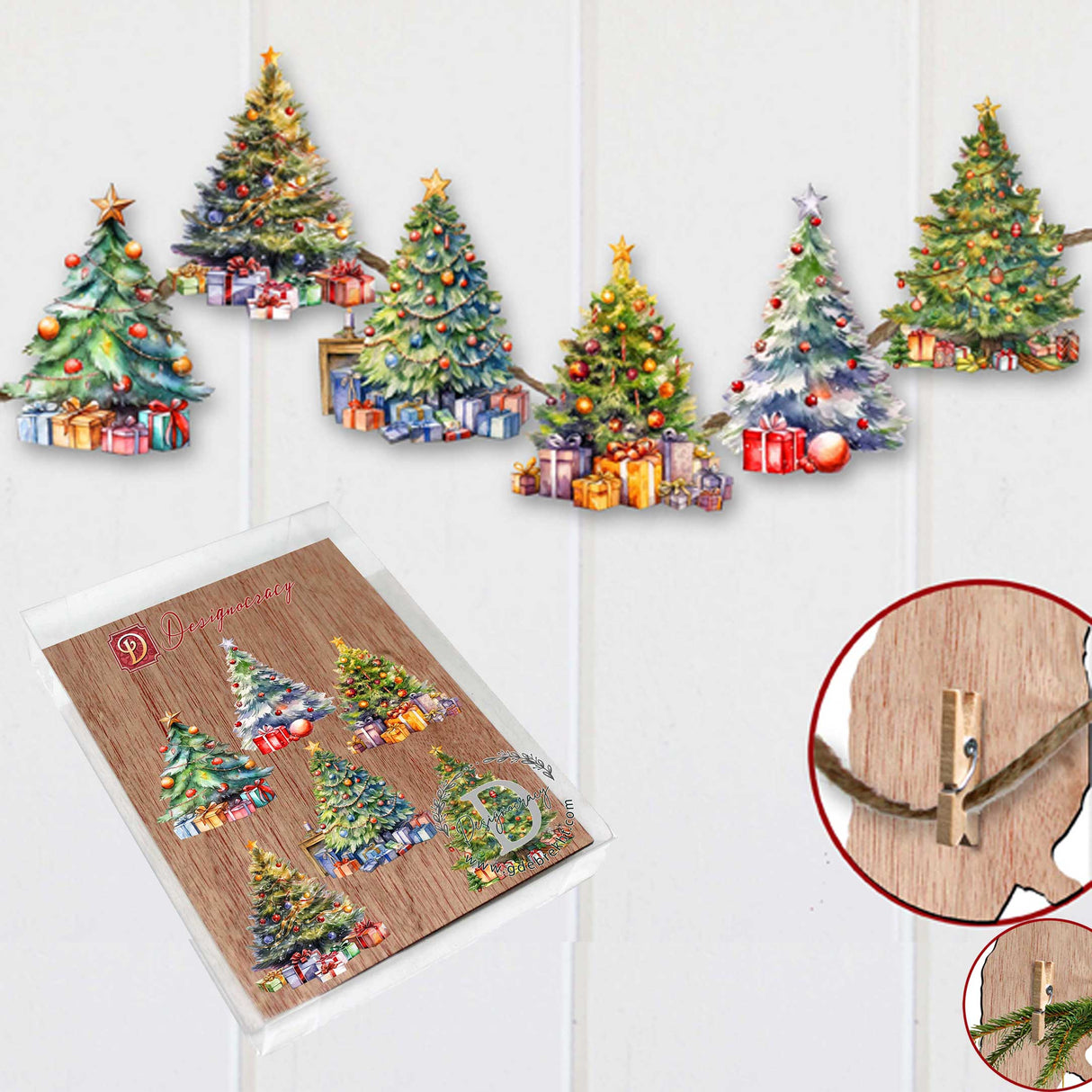 Christmas Tree Decorative Wooden Clip-on Ornaments Set of 6 by G. Debrekht - Christmas Decor - 8090044C-S6