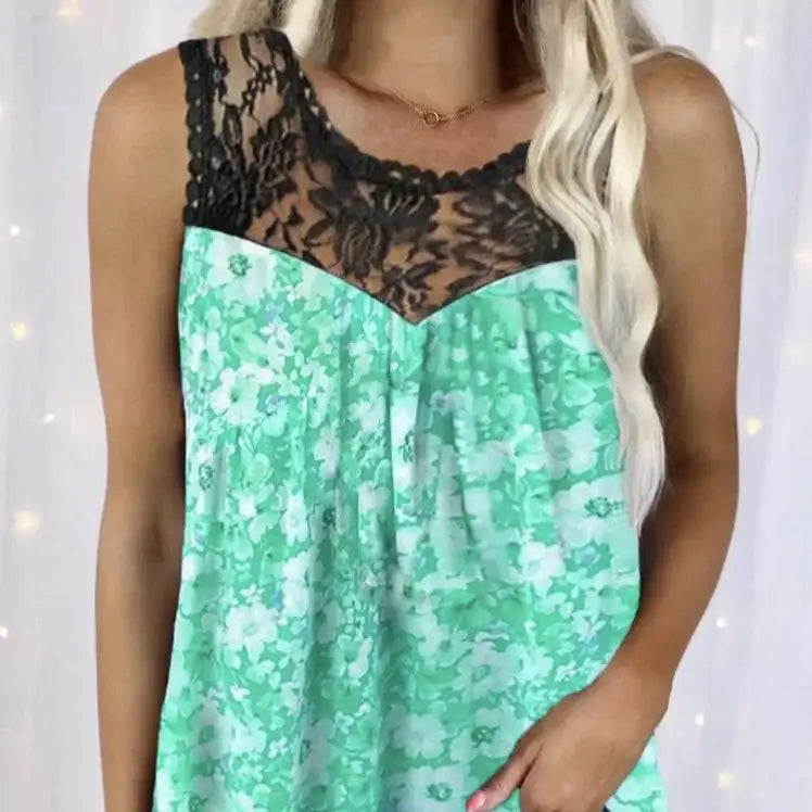 Ladies' Fashionable Casual Solid Color Printed Lace Collar Vest Top - Lootquake
