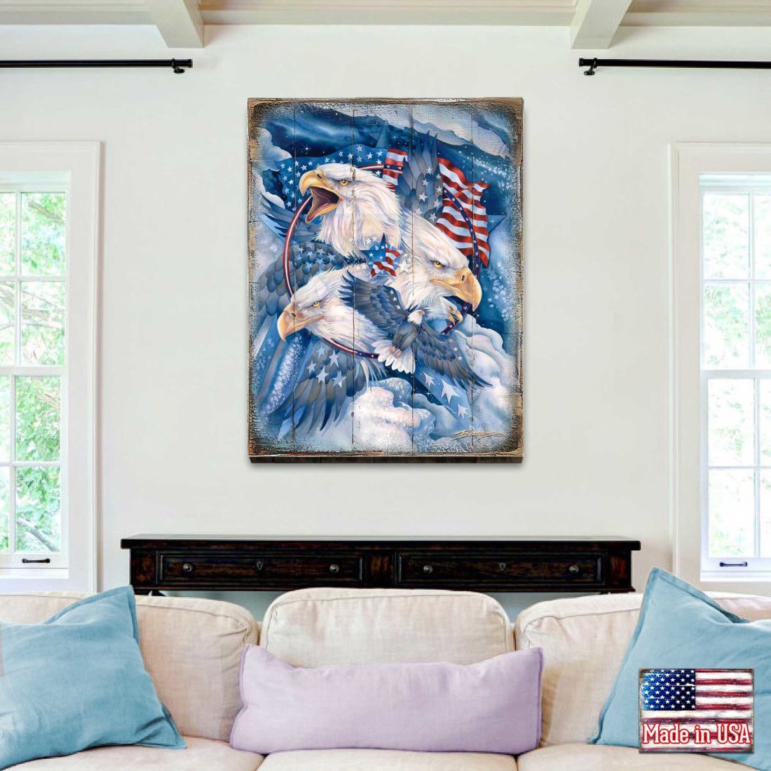 Arte mural de madera con águilas patrióticas estadounidenses de J. Bergsma - Decoración patriótica estadounidense - 8592730BP-JB