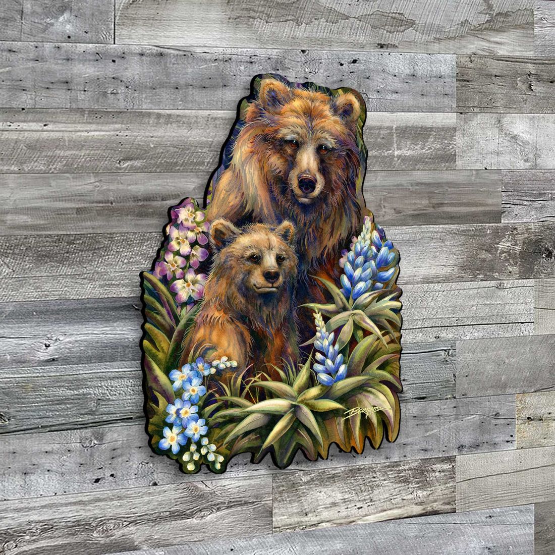 Grin & Bear it - Arte mural de madre y cachorro oso grizzly de J. Bergsma - Decoración navideña de vida silvestre - 8591947W-JB