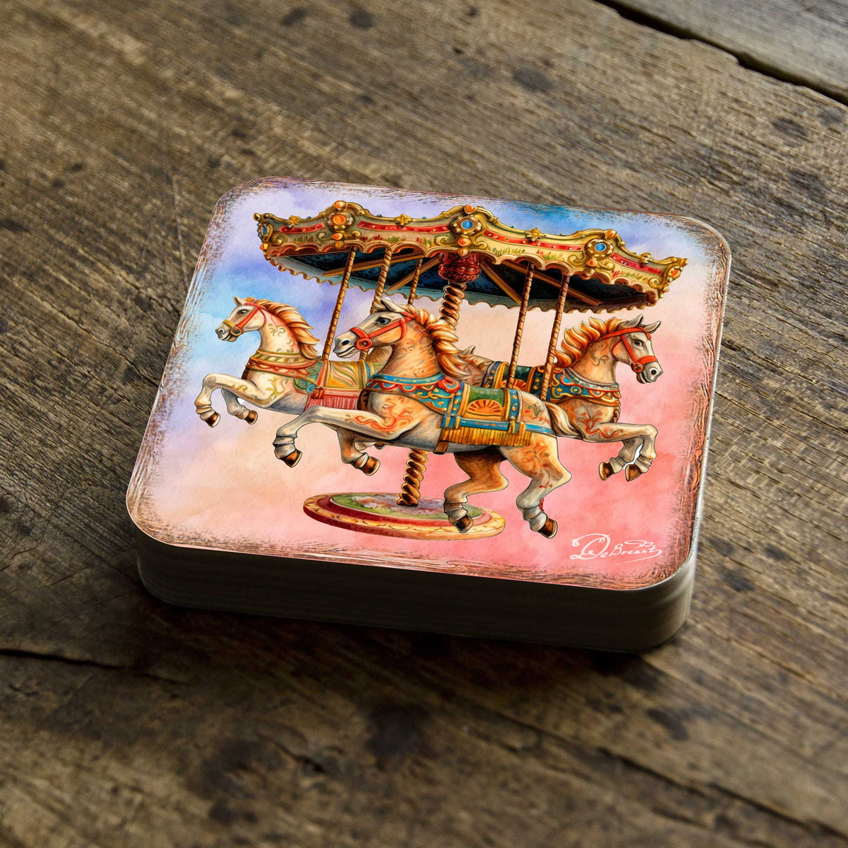 Carousel Horses Wooden Cork Coasters Gift Set of 4 by G. Debrekht - Christmas Decor - 8199439C-S4
