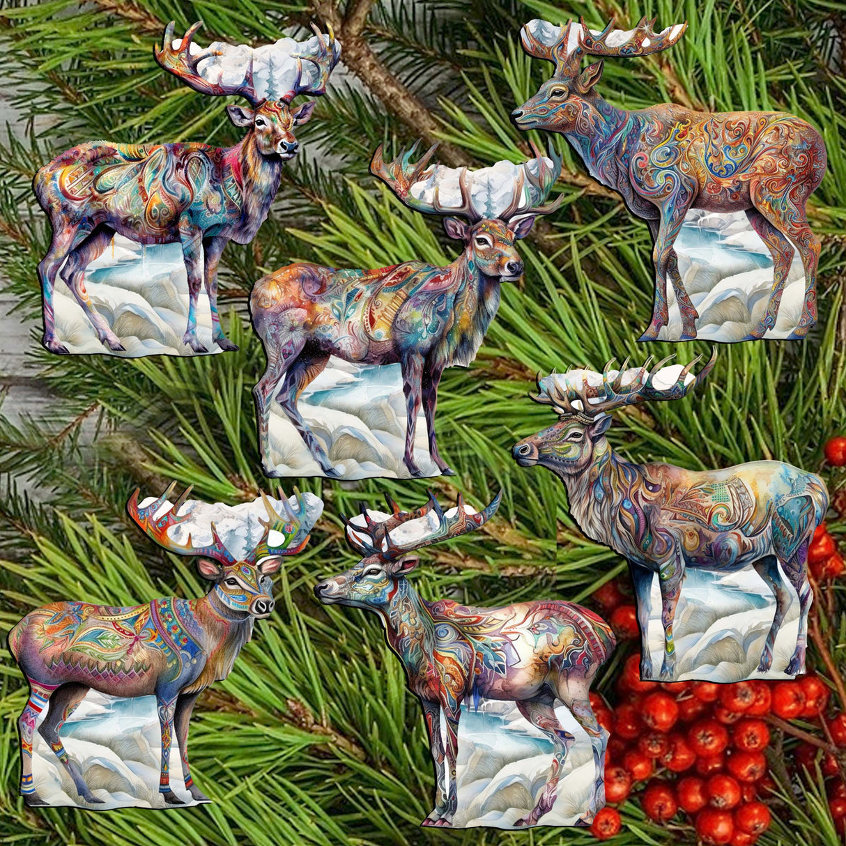 Iconic Caribou of Alaska Decorative Wooden Clip-on Ornaments Set of 6 by G. Debrekht - Wildlife Decor - 8090111C-S6