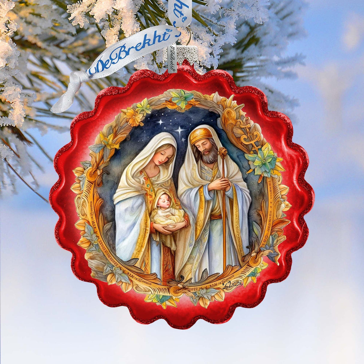 Classic Holy Family Nativity Wreath Glass Ornament by G. Debrekht - Christmas Santa Snowman Décor - 759-059