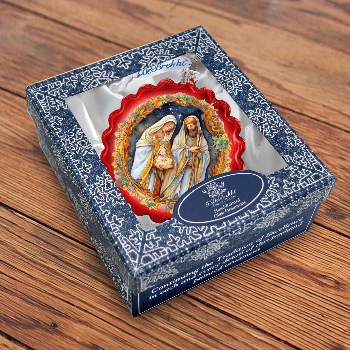 Classic Holy Family Nativity Wreath Glass Ornament by G. Debrekht - Christmas Santa Snowman Décor - 759-059