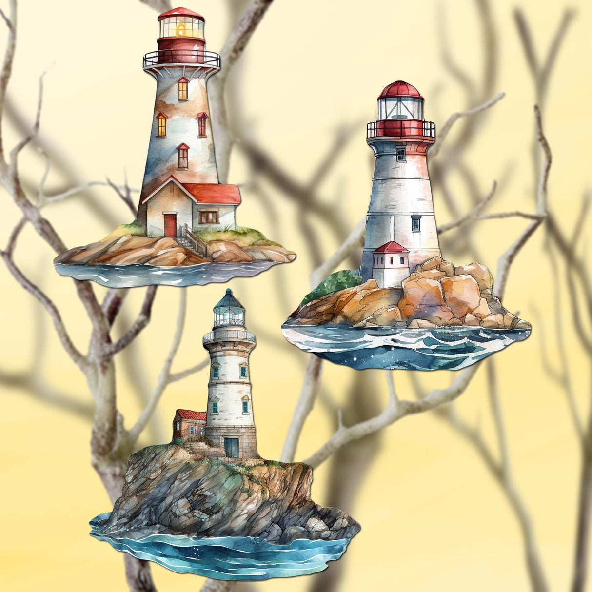 Lighthouse Decorative Wooden Clip-on Ornaments Set of 3 by G. Debrekht - Coastal Decor - 8091022C-S3