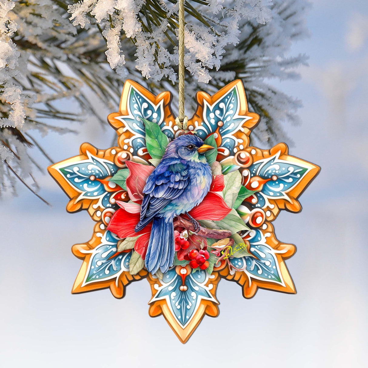 Blue Bird Snowflake Wooden Ornaments by G. Debrekht - Nature Wildlife Decor - 8688410
