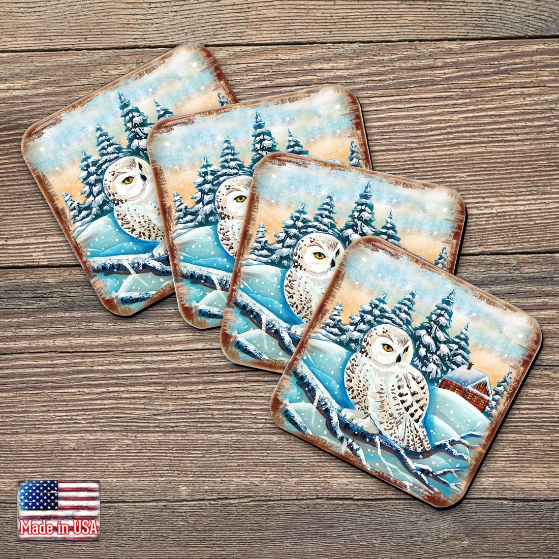 Owl Wooden Cork Coasters Gift Set of 4 by Nature Wonders - Nature Wildlife Decor - 95213C-S4