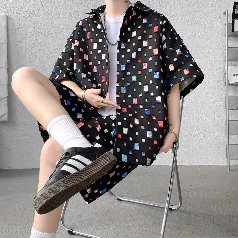 Summer New Chessboard Plaid Shirt Short Sleeve Shorts Suit - Lootquake