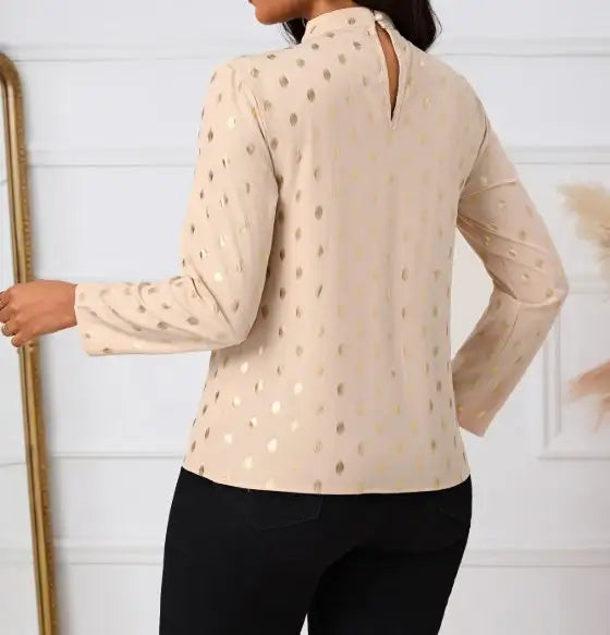 Ladies' Polka Dot Printed Pleated Collar Fashionable Date Commuting Shopping Long Sleeved Shirt - Lootquake