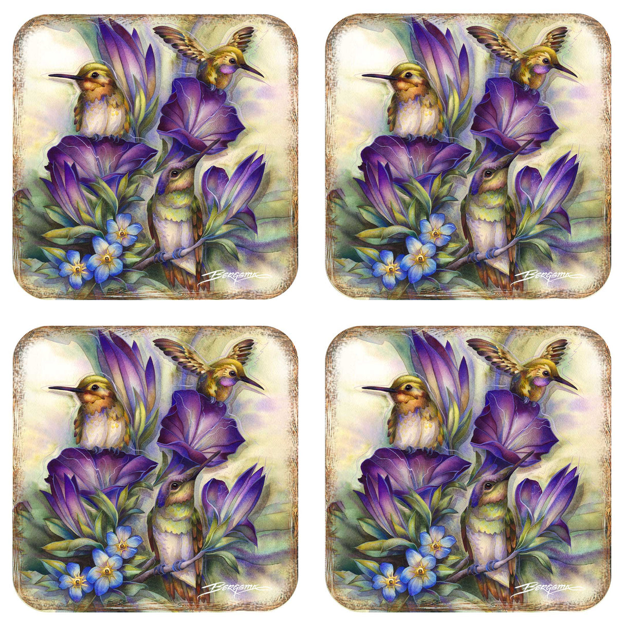 Everlasting Friendship Hummingbirds Wooden Cork Coasters Gift Set of 4 by J. Bergsma - Wildlife Decor - 8199464C-S4