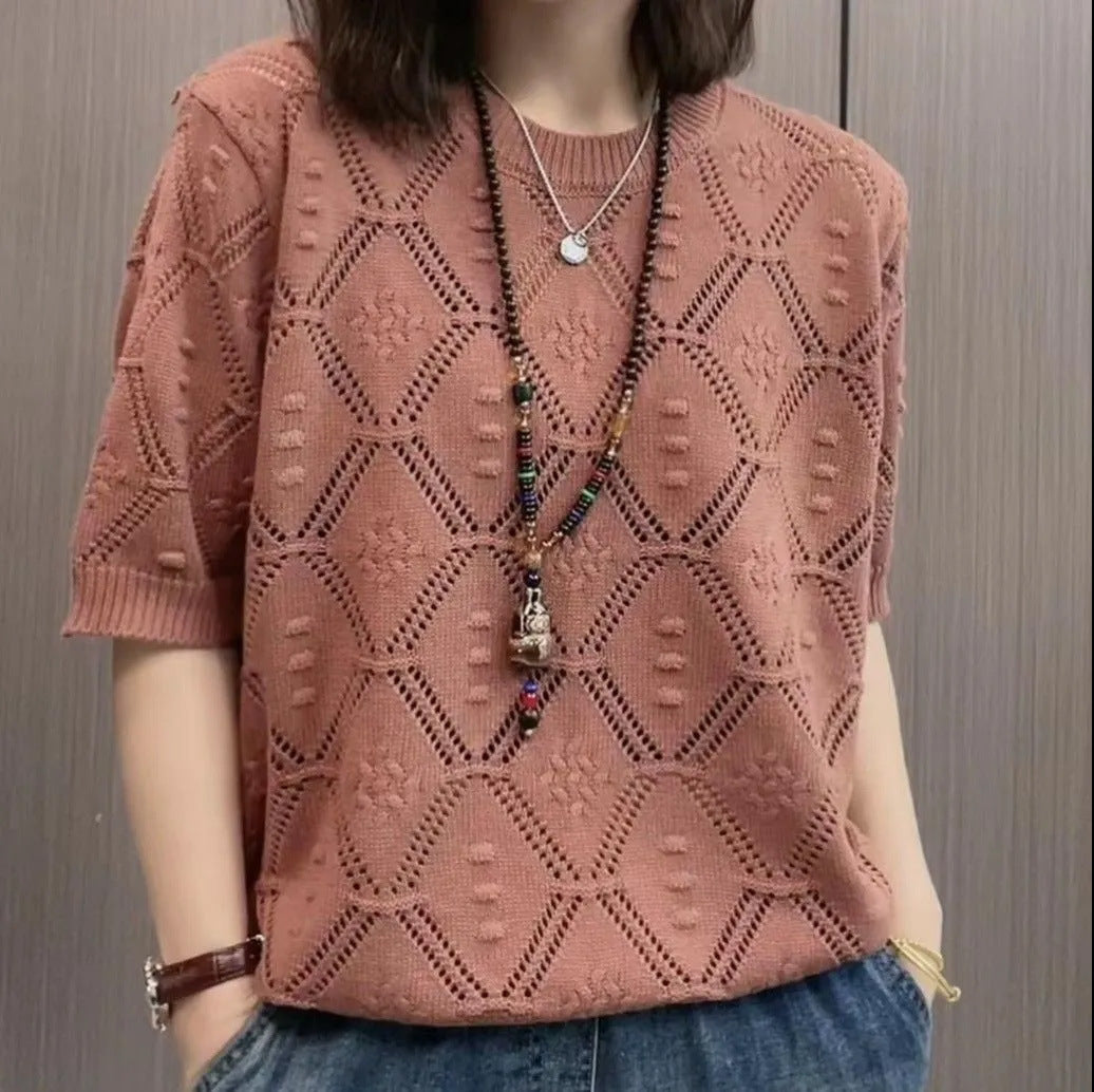 Pull d'été fin à manches courtes et col rond pour femme