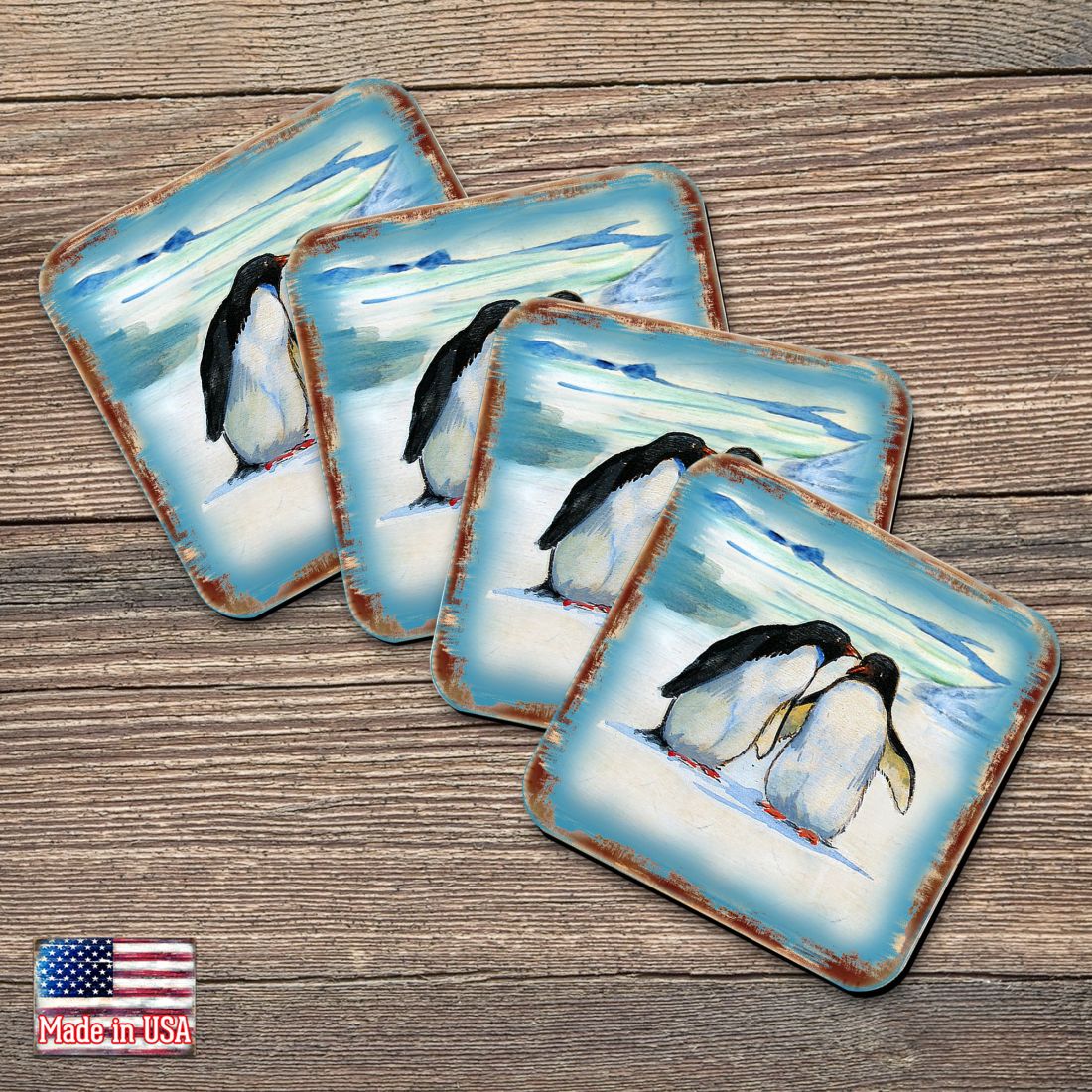 Penguins Wooden Cork Coasters Gift Set of 4 by Nature Wonders - Nature Wildlife Decor - 95382C-S4