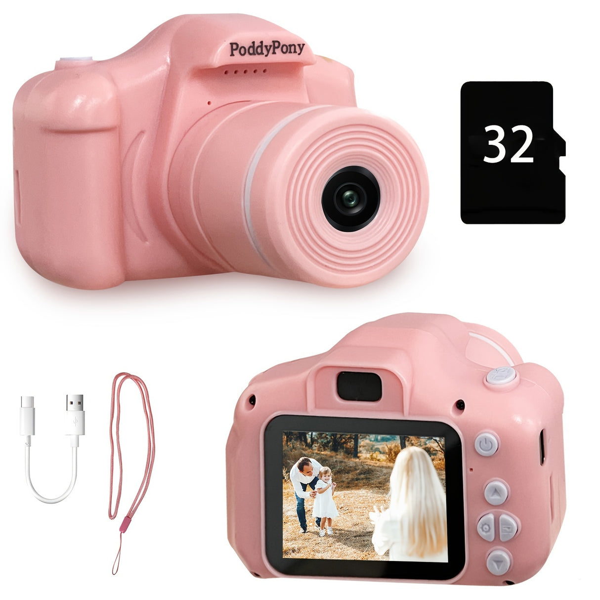 Appareil photo numérique pour enfants 32 Go - Portable, objectif long, vidéo HD, design adapté aux tout-petits - Cadeau idéal pour un anniversaire, un festival ou Noël pour les jeunes photographes