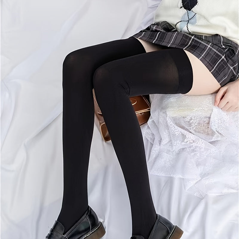 Elastic Solid Thigh High Socks, Japanese Style Over The Knee Socks, Women's Stockings & Hosiery