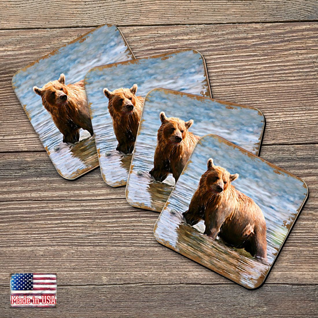 Bear Wooden Cork Coasters Gift Set of 4 by Nature Wonders - Nature Wildlife Decor - 95297C-S4