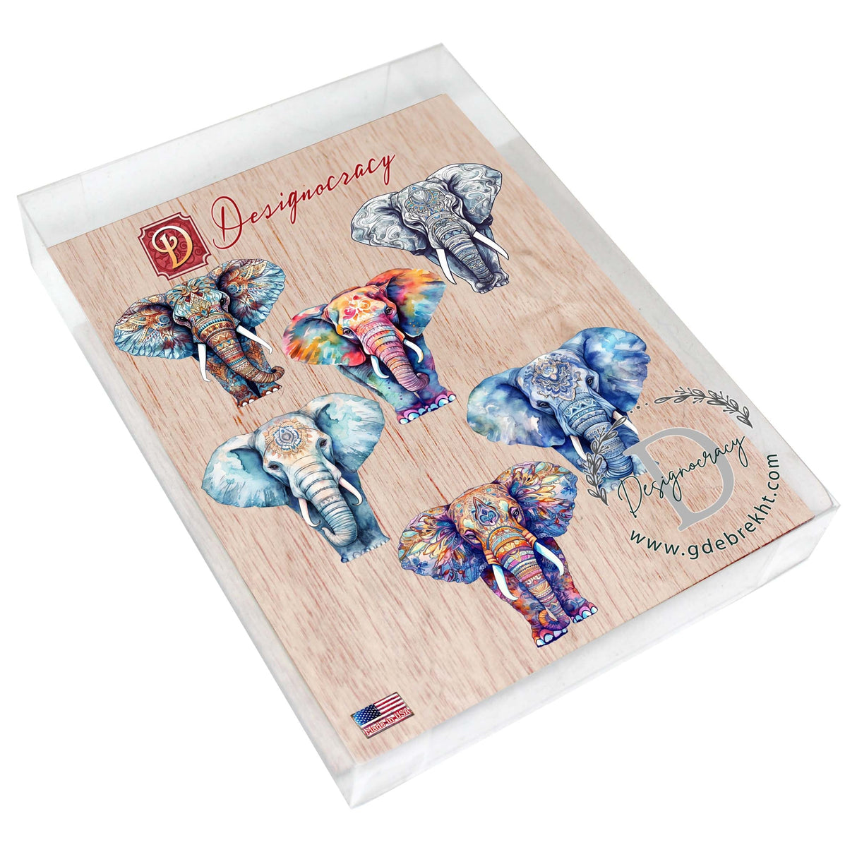 Juego de 6 imanes decorativos de madera con elefantes de G. Debrekht - Decoración de vida silvestre - 8090036G-S6