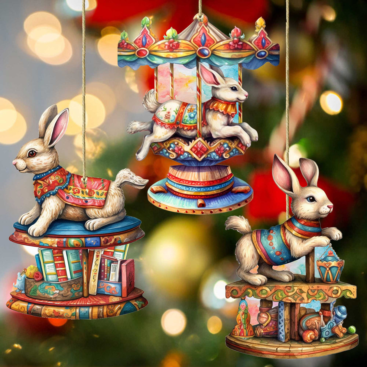 Carousel Bunnies Wooden Ornaments Set of 3 by G. Debrekht - Christmas Decor - 8100195S3