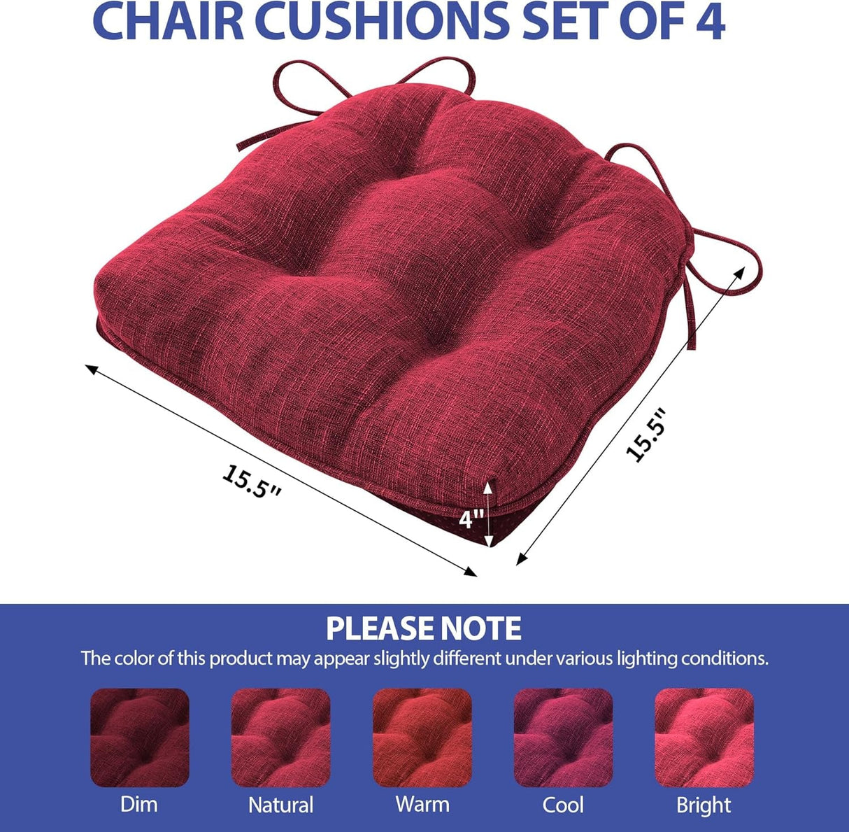 Chair Cushions for Dining Chairs Set of 4, Indoor Kitchen Chair Cushions with Ties and Non Slip Backing, Tufted Memory Foam Seat Cushions, Chair Pads 4 Pack, 15.5" X 15.5" X 4", Red-1