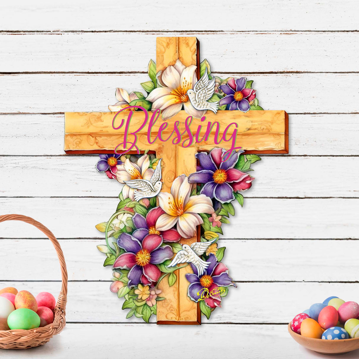 Floral Dove Blessing Cross Holiday Door Decor by G. Debrekht - Easter Spring Decor - 8688163H