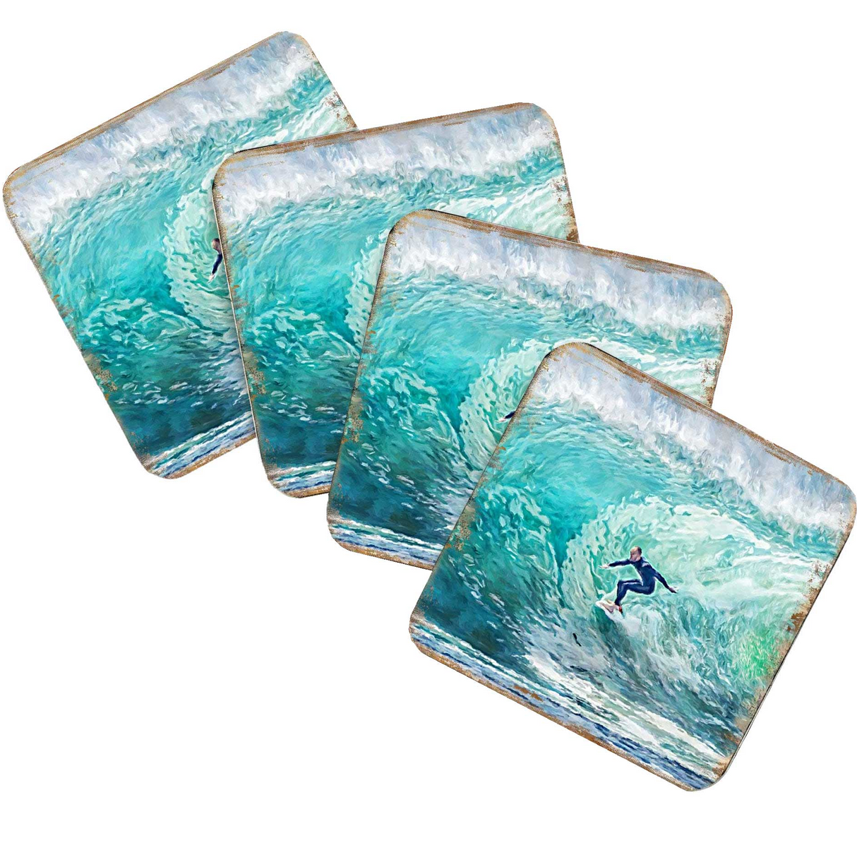 Surfer Coastal Wooden Cork Coasters Gift Set of 4 by Nature Wonders - Coastal Sea-Life Decor - 95227C-S4