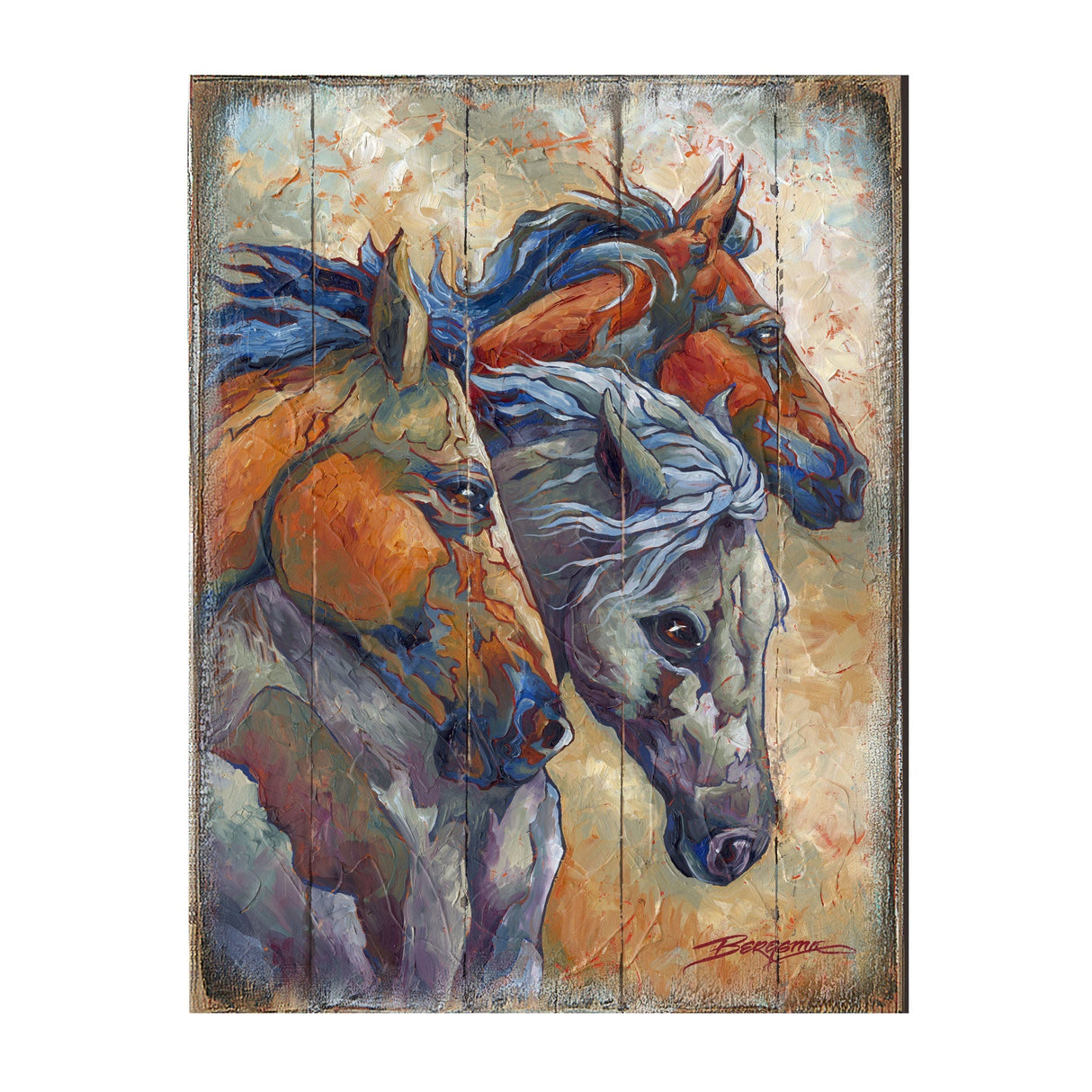Let Them Run Horse Heads Wooden Wall Art by J. Bergsma - Nature Wildlife Decor - 8592259B-JB