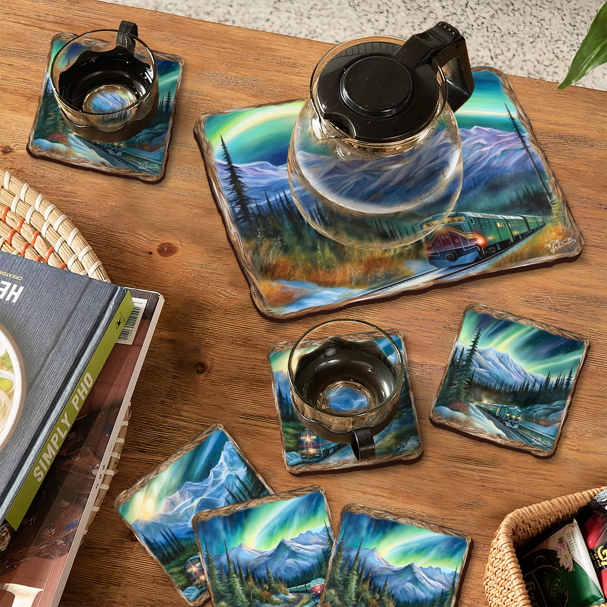 Northern Lights Wooden Cork Placemat and Coasters Gift Set of 7 by Nature Wonders Nature Wildlife Decor - 85411C-S7