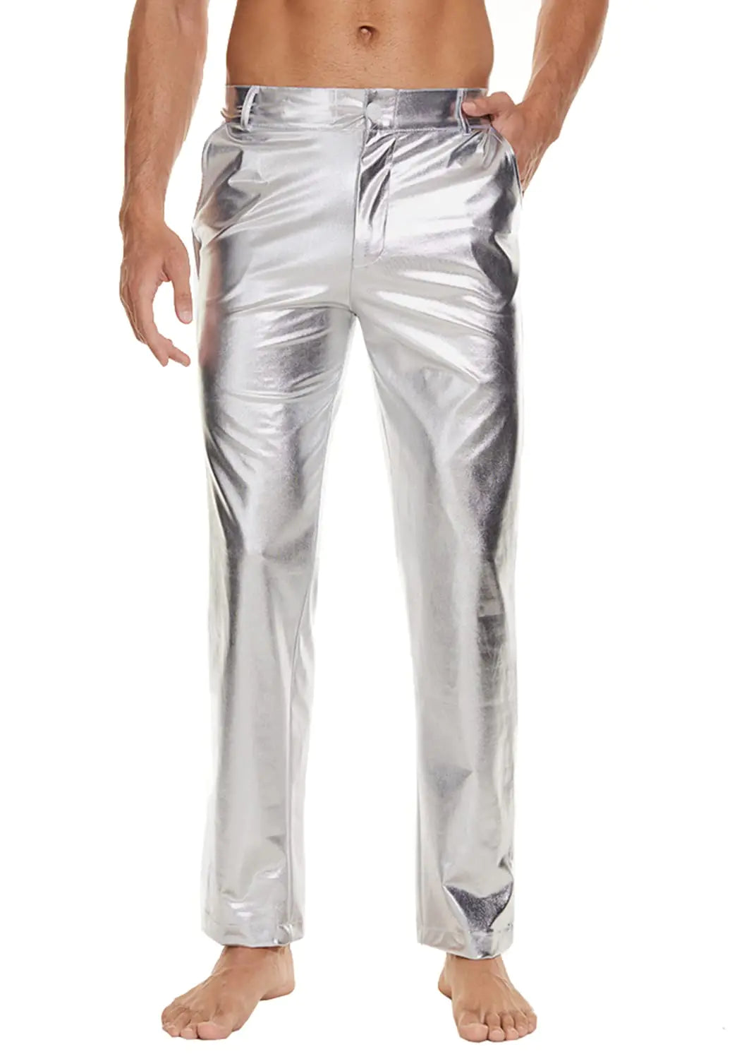 Mens Metallic Shiny Disco Pants Wet Look Party Dance Straight Leg Trousers 70s/80s Festival Rave Cosplay Leather Pants (Silver M) - Lootquake
