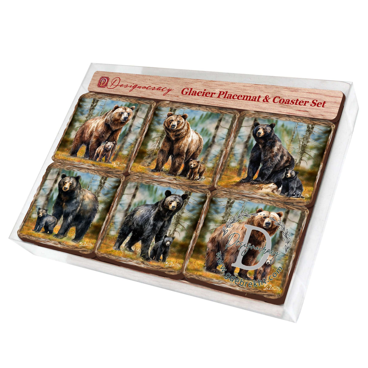 Bear Haven Wooden Cork Placemat and Coasters Gift Set of 7 by Nature Wonders Nature Wildlife Décor - 85409C-S7