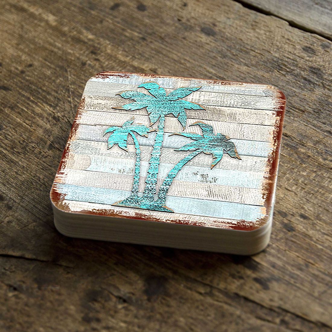 Palm Trees Coastal Wooden Cork Coasters Gift Set of 4 by Nature Wonders - Coastal Sea-Life Decor - 8198415-9C-S4