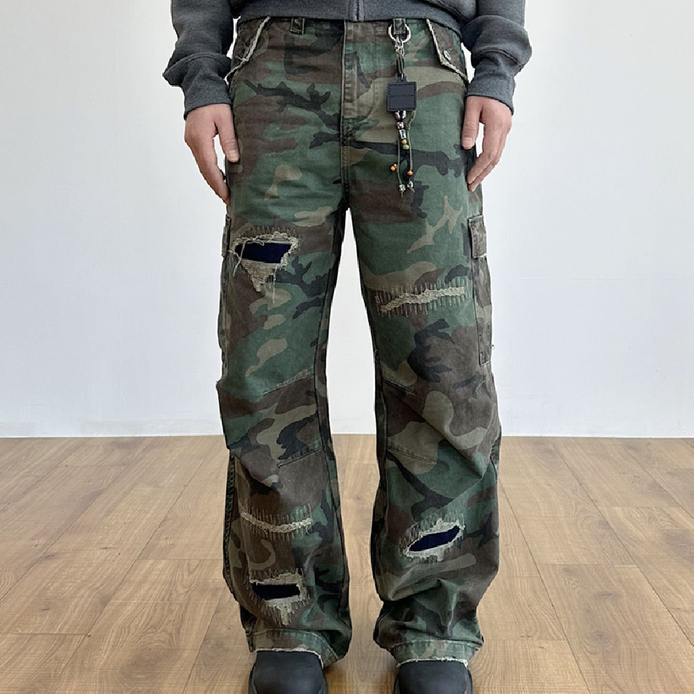Distressed Military Camouflage Destruction Affixed Cloth Embroidered Loose Straight Cargo Pants - Lootquake