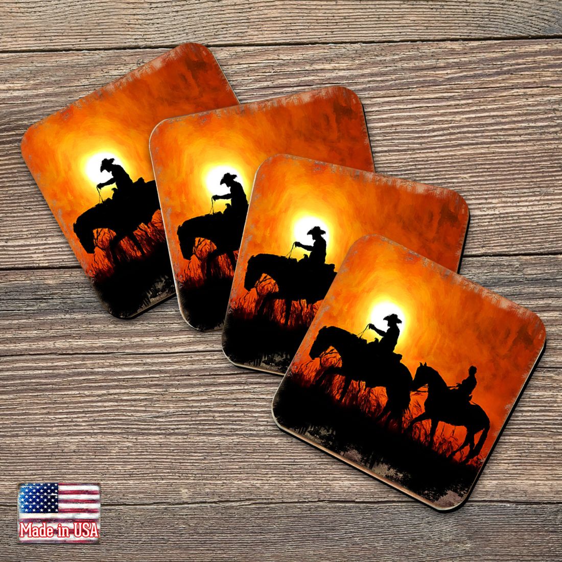 Cowboy Sunset Ride Wooden Cork Coasters Gift Set of 4 by Nature Wonders - Nature Wildlife Decor - 95230C-S4