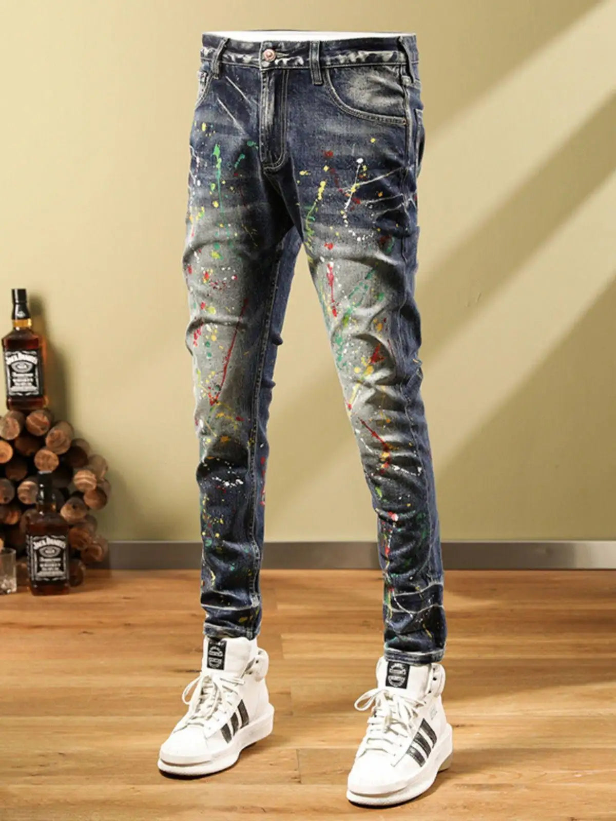 Personalized Fashion Jeans Men's Casual Slim Fit Skinny Retro Splash-ink Paint Trousers - Lootquake