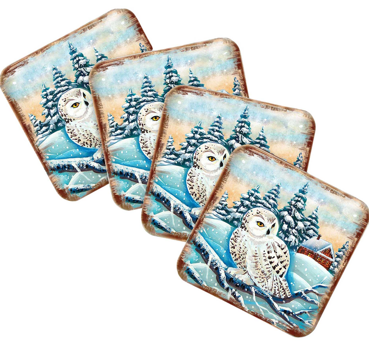 Owl Wooden Cork Coasters Gift Set of 4 by Nature Wonders - Nature Wildlife Decor - 95213C-S4
