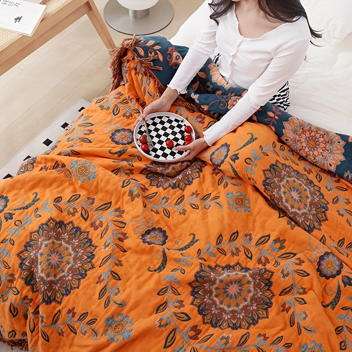 Couverture en coton ultra-douce et respirante « Peluche Perfection » avec pompons – Polyvalente pour toutes les saisons, lavable et séchable en machine