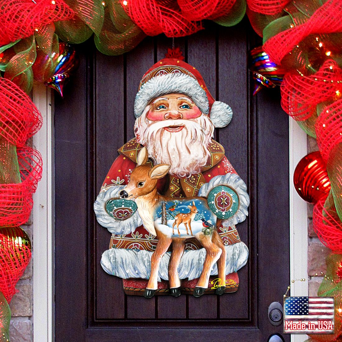 Decoración navideña para puerta con cervatillo navideño de G. DeBrekht - Decoración navideña con muñeco de nieve y Papá Noel - 8118081H